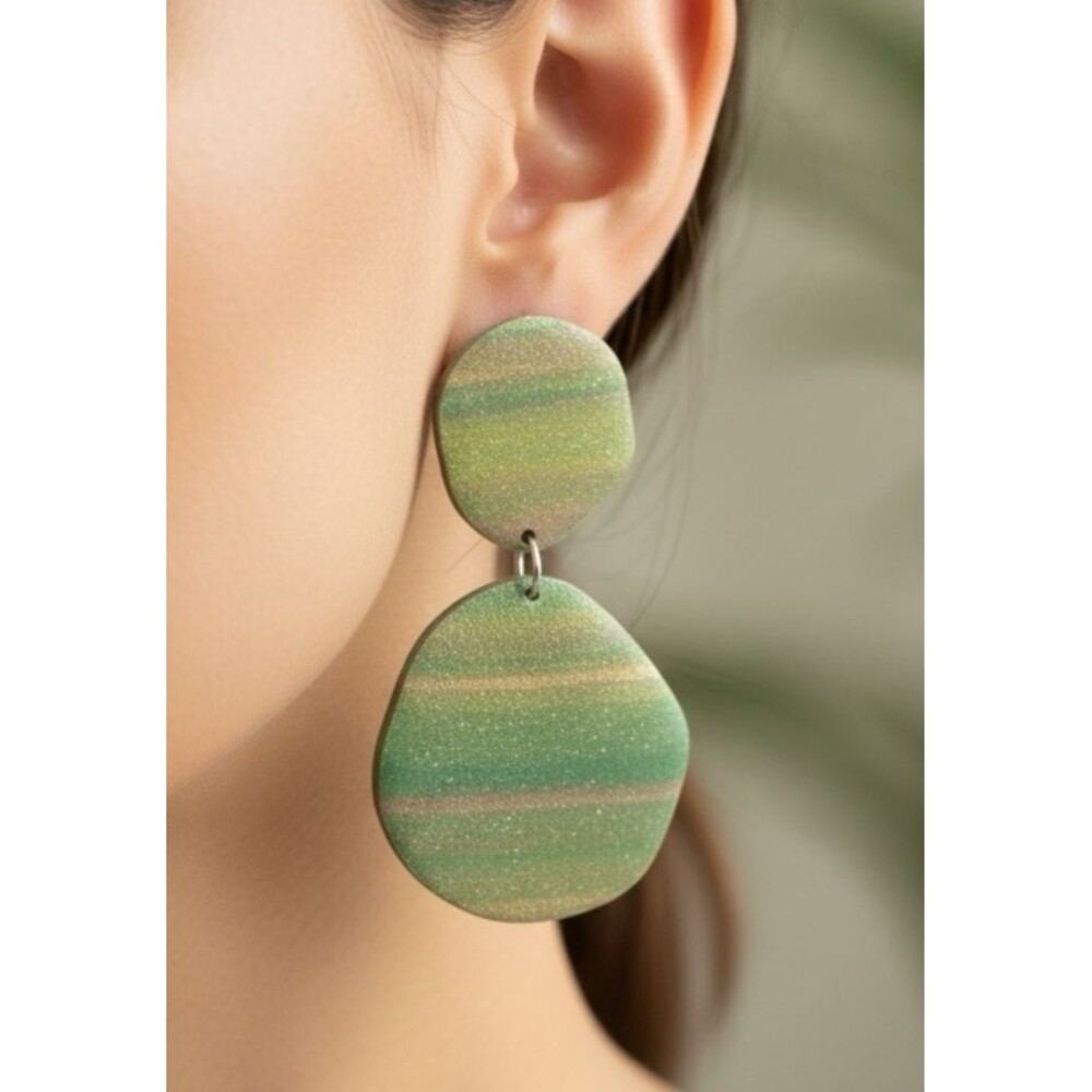 Handmade Green Gold Bronze Striped Polymer Clay Dangle Statement Earrings